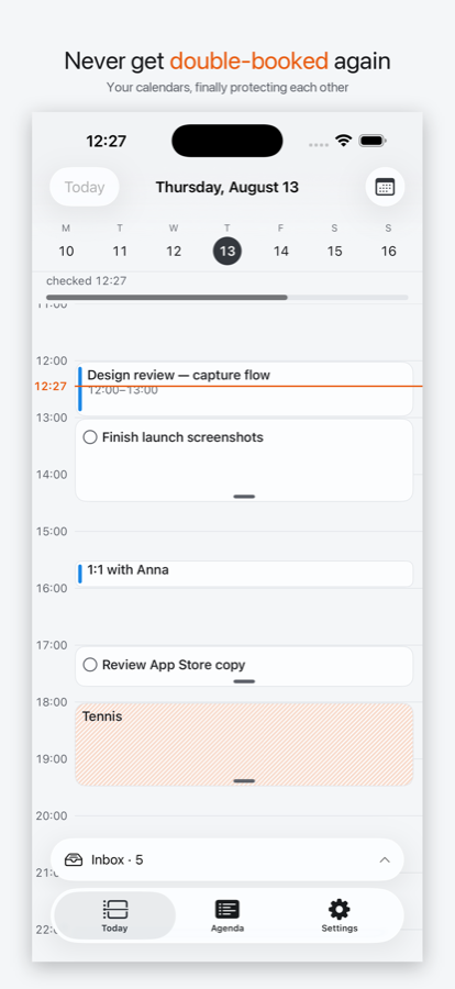 Never get double-booked again — Calendum's day timeline, with a rule-created Busy block holding time on the work calendar.