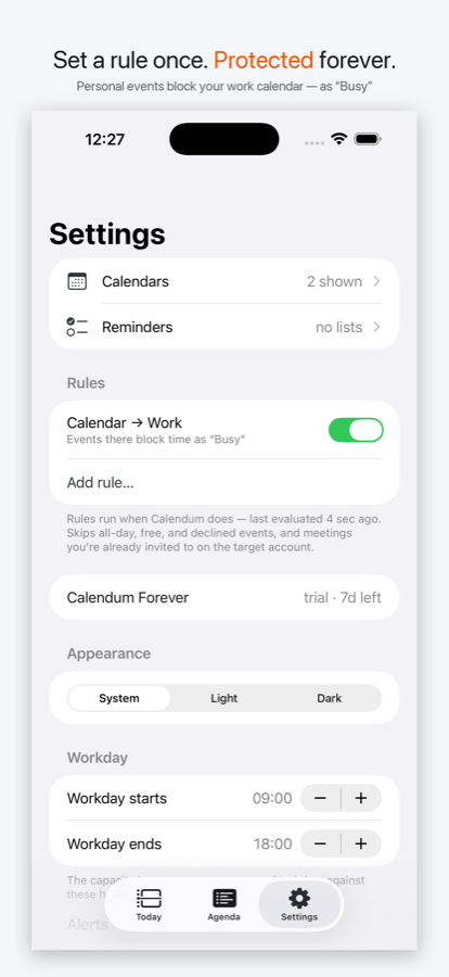 Set a rule once, protected forever — Calendum's rule screen, where a personal calendar is set to block matching time on a work calendar.