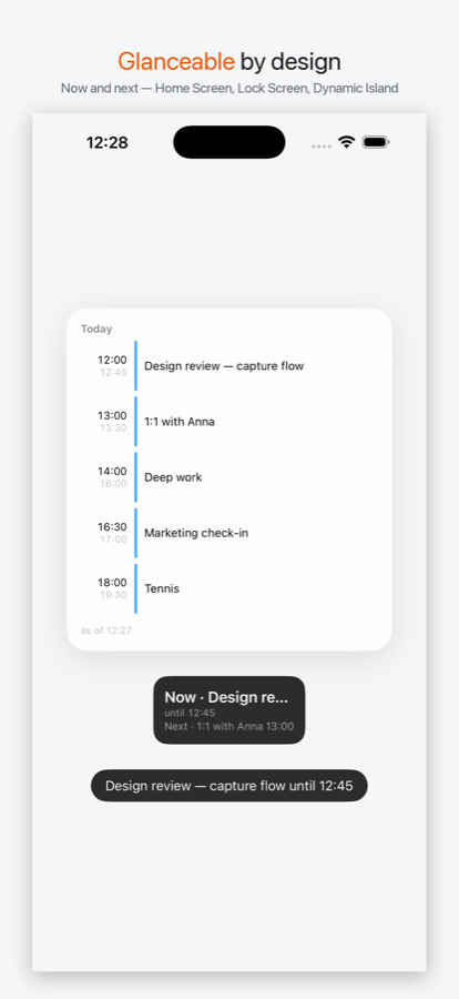 Glanceable by design — Calendum's Home Screen and Lock Screen widgets showing what's next.